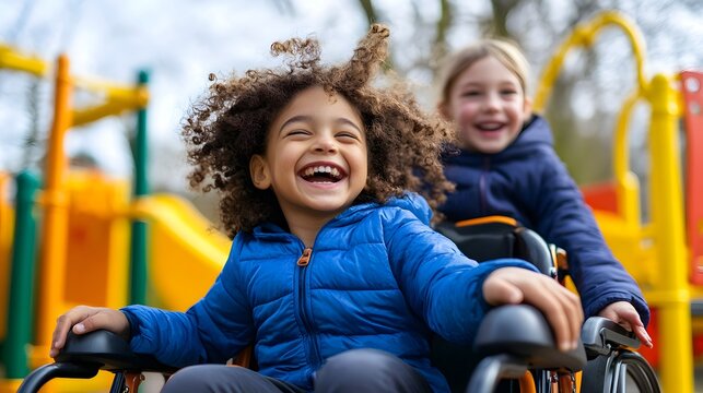 Laughing children enjoy time together as one plays in a wheelchair on a playground in the sunshine day.