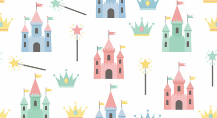 Whimsical Pastel Castles and Sparkling Magic Wands Pattern.
