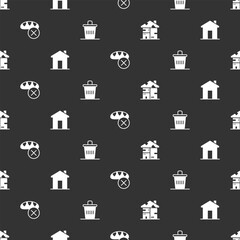 Set Homeless cardboard house, Real estate, Donation food and Trash can on seamless pattern. Vector