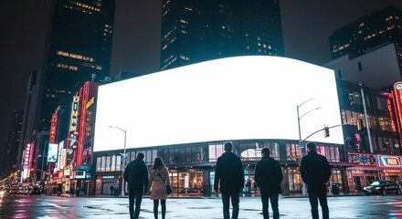 Group of people admiring large blank billboard in Times Square at night with bright lights and reflections on wet pavement, creating a modern urban scene.