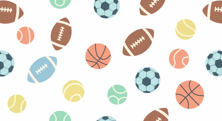 Pastel sports balls seamless pattern featuring footballs, basketballs, soccer balls, tennis balls, and textured round balls.
