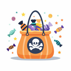An orange Halloween trick-or-treat bag filled with colorful wrapped candies, featuring a skull and crossbones symbol, surrounded by scattered sweets and stars.