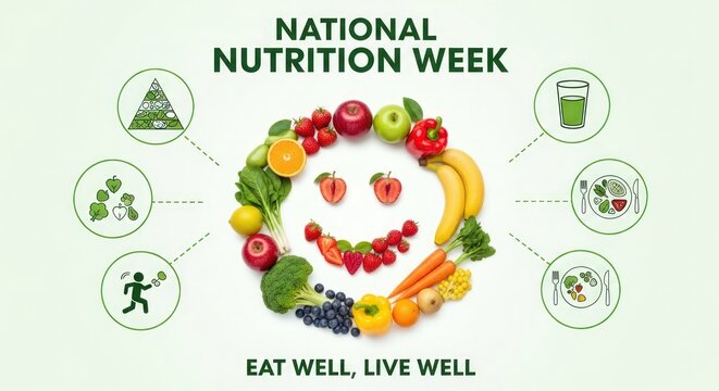 National nutrition week celebration with healthy food arranged as a smiley face - Powered by Adobe