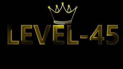 Golden level 45 text with crown on black background image