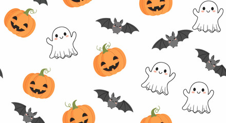 Cute Halloween Pattern with Pumpkins, Ghosts, and Bats.