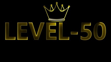Golden level 50 text with crown graphic on black background golden text