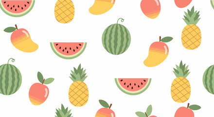 Vibrant Assortment of Tropical Fruits - Watermelon, Mango, and Pineapple.
