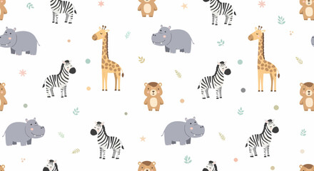 Cute cartoon safari animals seamless pattern with zebra, giraffe, hippo, and lion. © Amir