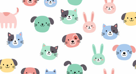 Sweet pastel cartoon animal faces pattern, including cats, dogs, and rabbits, in a charming, flat, and playful illustration.