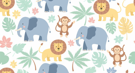 Cute Cartoon Jungle Animals Seamless Pattern.