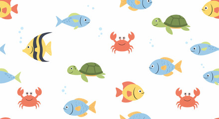 Fototapeta premium Colorful cartoon sea creatures seamless pattern with various fish, crabs, and turtles.