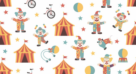 Seamless Pattern of Circus Clowns, Tents, Bicycles, Balls, and Stars.