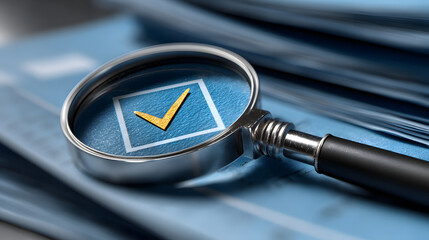 Magnifying Glass Inspecting a Check Mark Suggesting Approval or Validation 