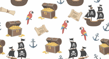 Whimsical Pirate Treasure Chests, Parrots, Ships, and Anchors Pattern.