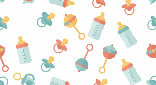 Fototapeta Seamless pattern of colorful baby items - pacifiers, bottles, and rattles in pastel hues, flat illustration style.