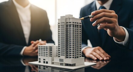 Business professionals discuss real estate development with a building model in an office environment.