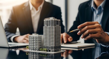 Business professionals discuss real estate development with a building model in an office environment.