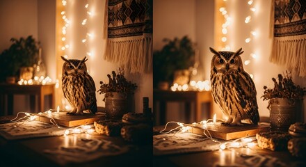 A detailed, close-up shot of a decorative owl statue illuminated by warm, fairy lights.
