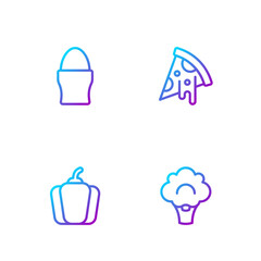 Set line Broccoli, Bell pepper, Chicken egg on stand and Slice of pizza. Gradient color icons. Vector