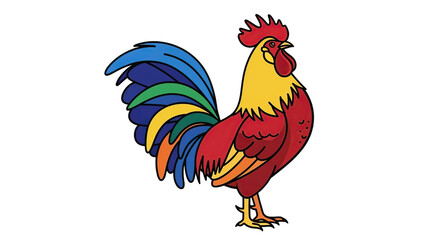 Vibrant Rooster with Red Crest and Multi Colored Tail Feathers Illustration on Transparent Background
