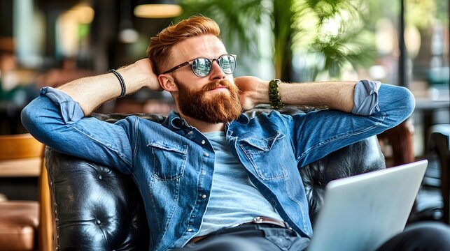 Relaxed Man with Red Beard in Denim Shirt using Laptop