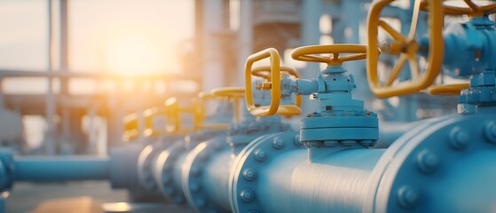 Industrial gas or oil pipeline with blue pipes and yellow valves at a refinery plant. Energy industry and fuel production concept with sunset light.