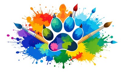 Colorful dog paw print surrounded by paint splatters and paintbrushes
