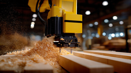 A robotic arm assembles furniture in a factory with screws tightening wood pieces aligning a worker checking quality and a sawdust pile nearby shown in a crafted photo with