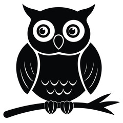 Black and white cartoon owl sitting on a branch bird