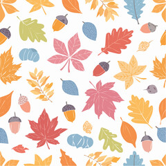 A colorful seamless pattern of stylized autumn leaves and acorns on a white background.