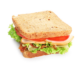 Tasty sandwich with ham, bacon, cheese and vegetables isolated on white