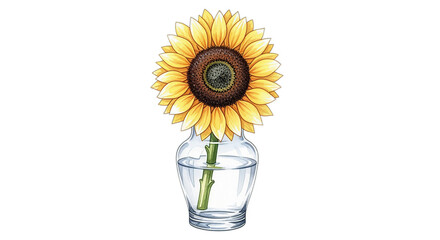 Vibrant Sunflower in Clear Glass Vase on Transparent Background Floral Still Life with Bright Yellow Petals and Green Stem Isolated Illustration