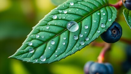 Close-up of vibrant blueberry leaves with morning dew and natural backlighting.