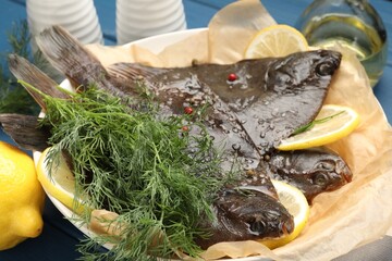 Fresh raw flounder fish and spices on table, closeup. Seafood