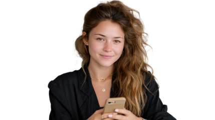 Serene Connection: A young woman, with a cascade of wavy hair, is delicately engrossed with her smart phone, her face illuminated with a subtle smile of connection. Capturing the digital engagement.