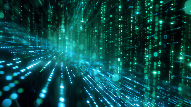Glowing binary code flowing as digital rain in cyber background
