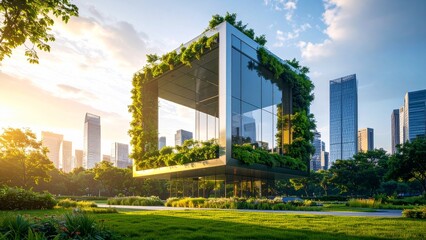 Innovative green architecture showcasing a futuristic cubic building with vertical gardens in a sunny urban park against a city skyline