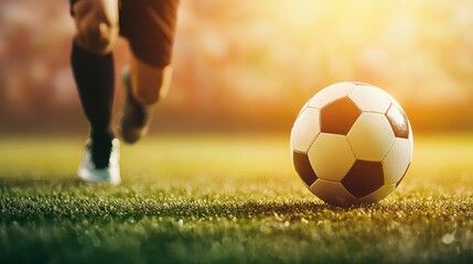 A dynamic action shot of a player running towards a soccer ball on a grassy field during sunset, capturing the essence of the game.