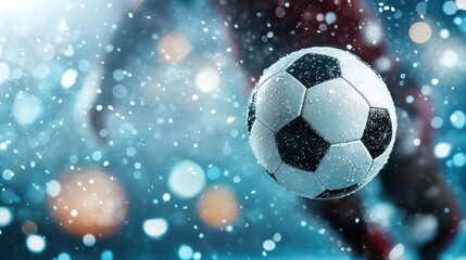 Naklejka premium A dynamic soccer ball is captured mid-air against a blurred background, with sparkling droplets creating an energetic, vibrant atmosphere.