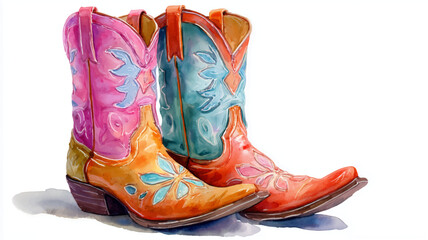 Vector illustration, watercolor clipart of vintage cowboy boots, on white background