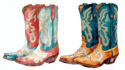 Vector illustration, watercolor clipart of two pair of vintage cowboy boots, on white background