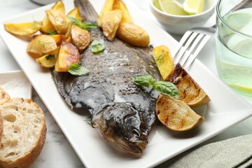 Tasty roasted flounder fish served with potatoes, basil and lemon slices on white marble table, closeup. Homemade seafood dish