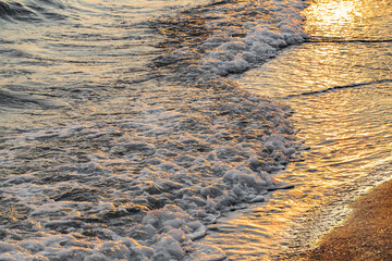 sea surf on sandy beach at sunset close-up