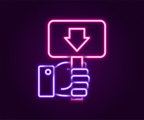 Glowing neon line Hand holding auction paddle icon isolated on black background. Bidding concept. Auction competition. Hands rising signs with BID inscriptions. Colorful outline concept. Vector