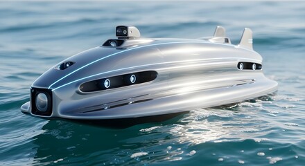 Closeup of a futuristic sea drone with metallic body and glowing sensors floating on turquoise ocean waves, reflecting sunlight against a blurred horizon background.