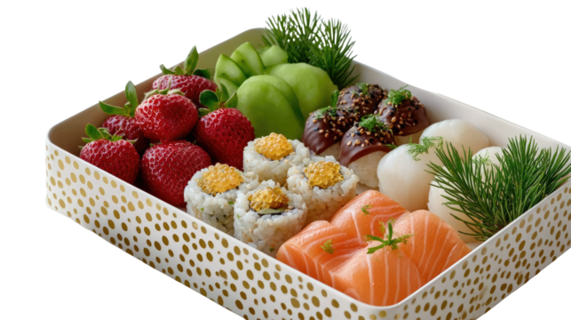 Sushi Selection Box: A culinary journey featuring an exquisite assortment of sushi, delicate sashimi, luscious strawberries and refreshing kiwi in a meticulously arranged box.