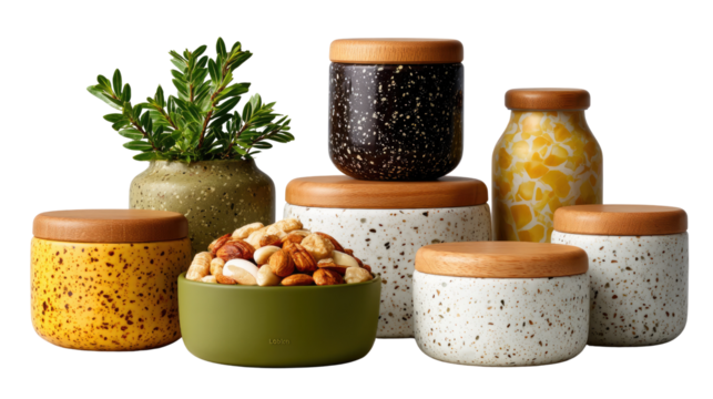 Elegant Storage Display: This image is an exquisite display of diverse, artistic storage jars. They embody a stylish blend of function and decor. 