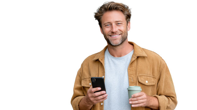 Portrait of a Smiling Man with Phone and Coffee: A charismatic man, radiating positivity, holds a smartphone and a reusable coffee cup, perfectly encapsulating modern lifestyle and connectivity.
