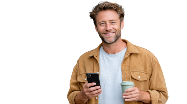 Portrait of a Smiling Man with Phone and Coffee: A charismatic man, radiating positivity, holds a smartphone and a reusable coffee cup, perfectly encapsulating modern lifestyle and connectivity.