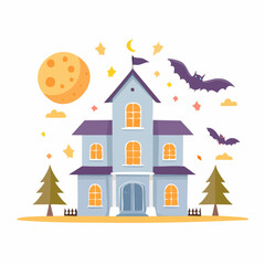 Haunted house illustration, Halloween night scene with bats and moon.